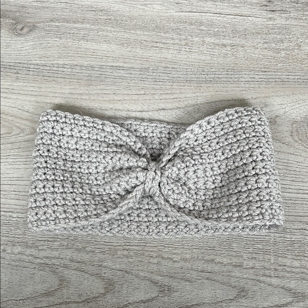 HANDMADE Gray Knitted Headband with Bow and Sparkle Details